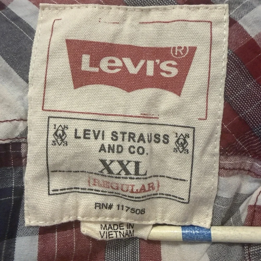 Levi Strauss Western Plaid Shirt XXL Pearl Snap Button Red Blue White‎ Patriotic